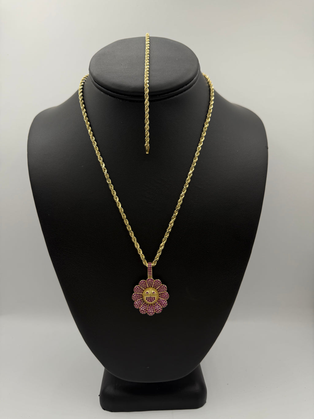 14k Set Rope Chain y Bracelet con Medalla de Flor