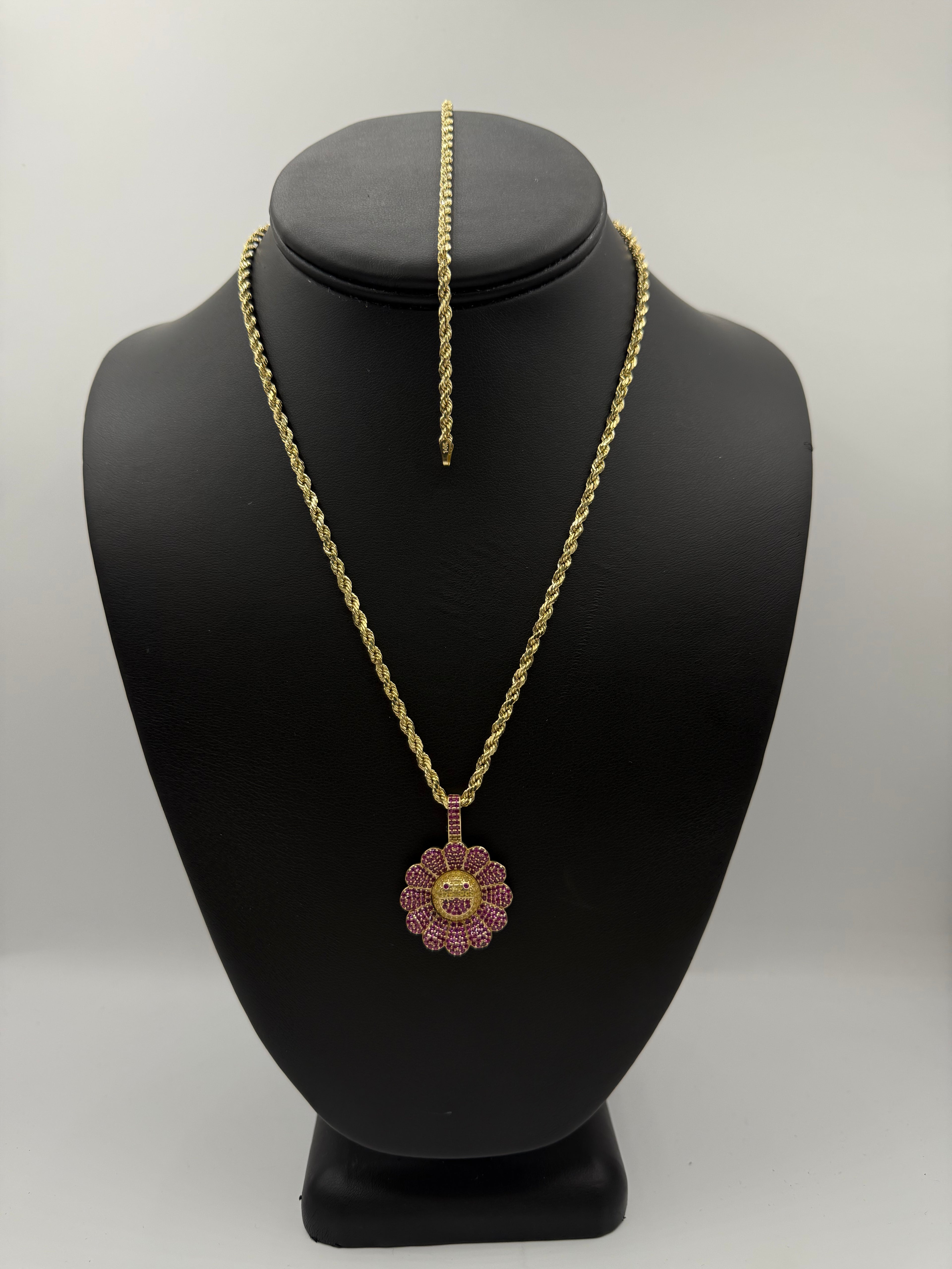 14k Set Rope Chain y Bracelet con Medalla de Flor