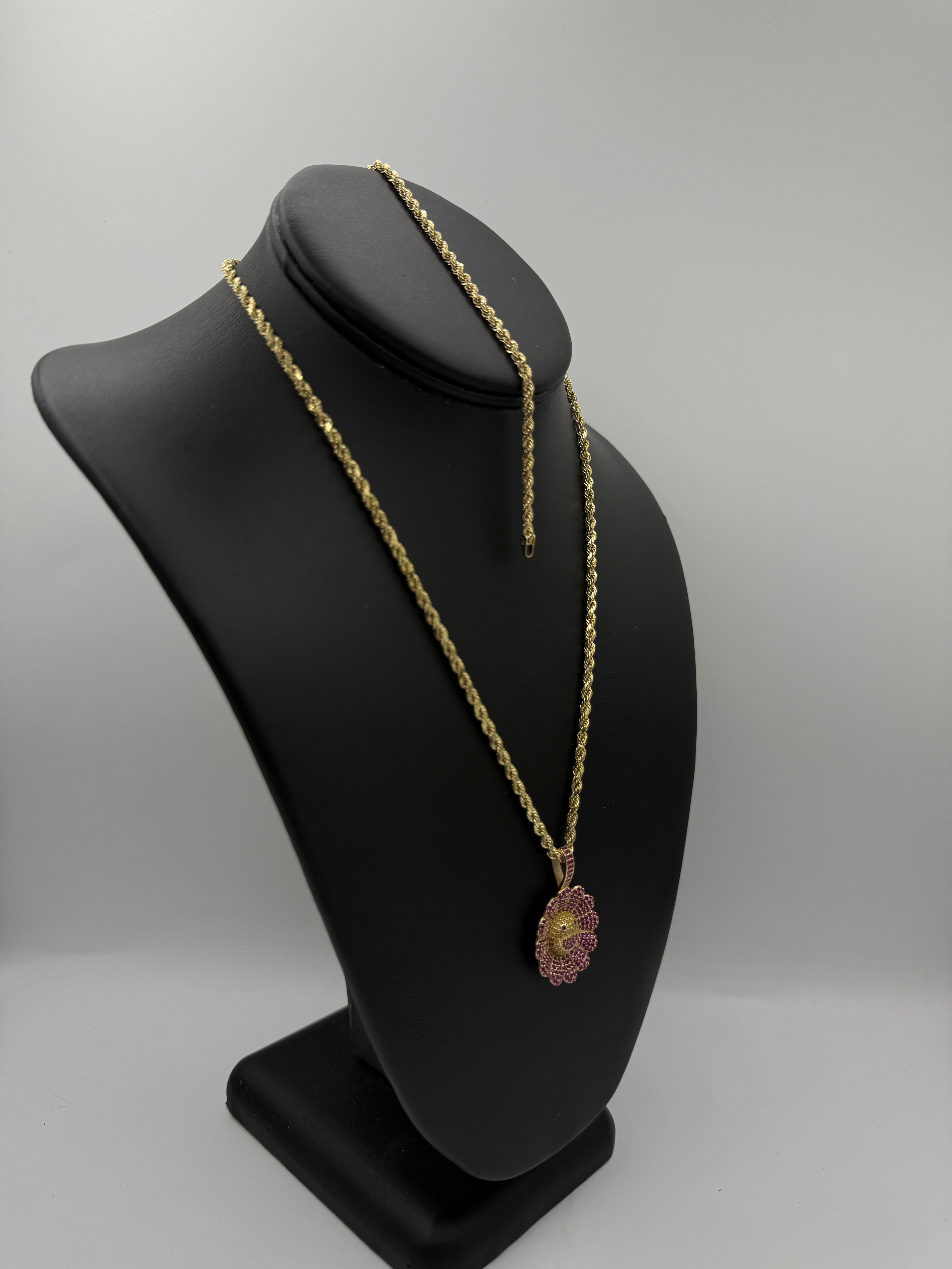 14k Set Rope Chain y Bracelet con Medalla de Flor