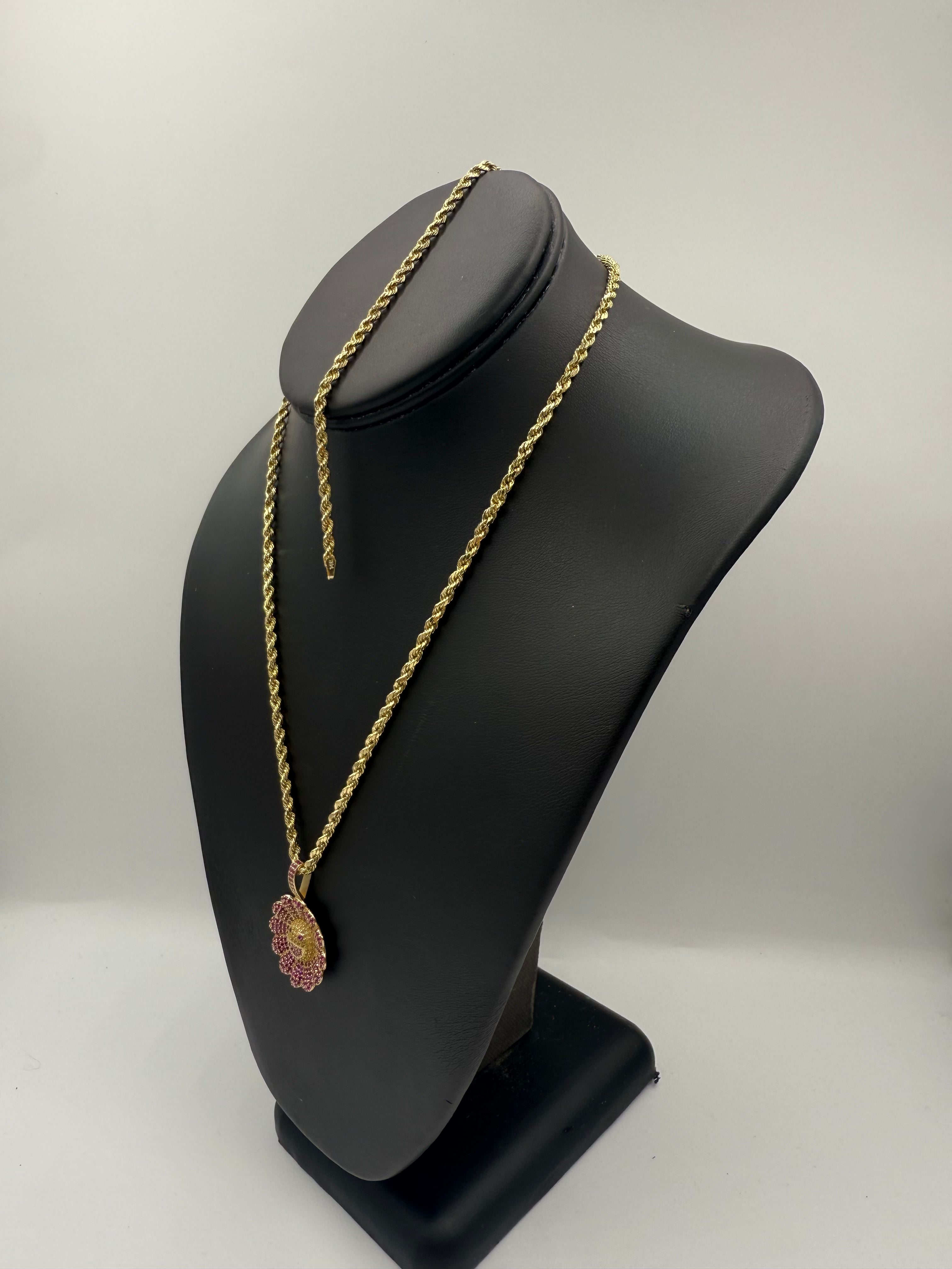 14k Set Rope Chain y Bracelet con Medalla de Flor